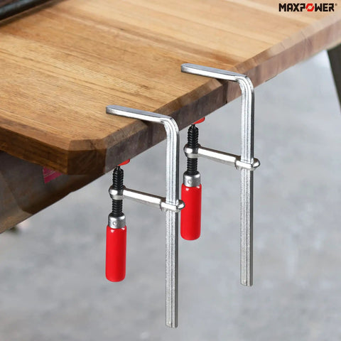 Quick Screw Guide Rail Clamp Set for MFT and Guide Rail Systems, Opens to Seven and Seven Eighths Inches, on wooden workbench