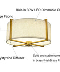 Modern Gold Flush Mount Ceiling Light With Brass Finish And Beige Drum Shade Dimmable Built In LED 15.7 Inch Wide
