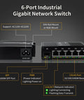 Industrial 6 Port Unmanaged Gigabit Ethernet Switch With Five 10/100/1000BASE-T Ports And One 1000BASE-X SFP Slot displayed.