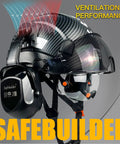 Tough Carbon Fiber ABS Safety Helmet with Integrated Clear and Tinted Goggles Plus Adjustable Noise-Canceling Ear Muffs