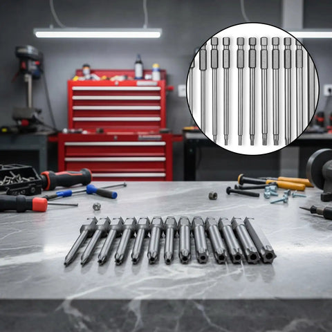 Tough As Nails 11 Piece Security Torx Bit Set Featuring Quarter Inch Hex Shank Magnetic Tamper Proof Star Drivers on workbench.