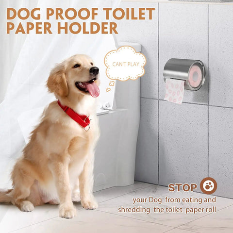 Cat Proof And Dog Proof Toilet Paper Holder Round Enclosed Wall Mounted Stainless Steel Brushed Nickel TP Roll Holder, Anti Cat Pet Proof Roll Keeper For Pets, Easy Mount Bathroom Accessory next to dog