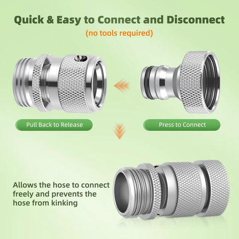 Solid Brass Garden Hose Quick Connector Kit Three Quarter Inch GHT Thread Fittings with Female and Male Adapters shown.