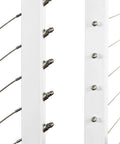 No Sweat Diy Steel Cable Railing System For Sleek Stair Handrails Pre Drilled Base Mount Kit Comes Fully Loaded With Hardware Ready For Instant Setup White 42 Inch close-up of stainless steel cable loops and white railing posts.