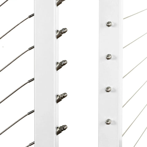 No Sweat Diy Steel Cable Railing System For Sleek Stair Handrails Pre Drilled Base Mount Kit Comes Fully Loaded With Hardware Ready For Instant Setup White 42 Inch close-up of stainless steel cable loops and white railing posts.