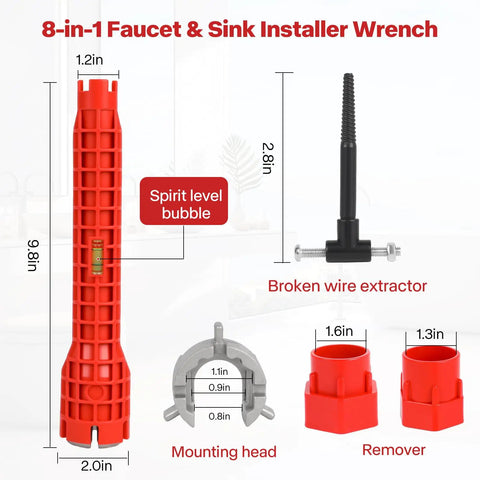 8 In 1 Multifunction Sink And Faucet Installer Wrench with dimensions, includes spirit level bubble and wire extractor