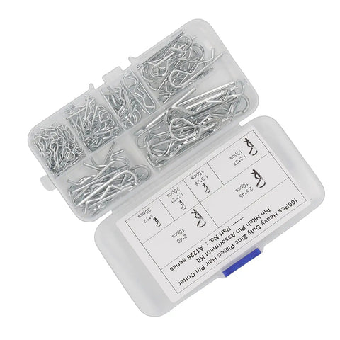 Open case displaying Beefy Heavy Duty Stainless Steel Cotter Pin Clip Kit 100 Piece Assortment for secure bolt retention.