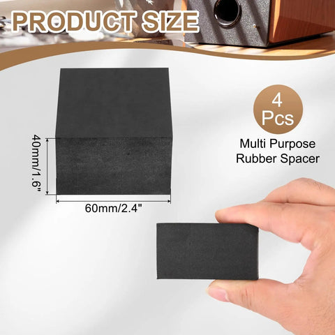Top Shelf Heavy Duty Black Rubber Anti Vibration Pads 4 Pack Square Shock Absorbing Bushings For Hvac Compressors Ac Units Solid Vibration Dampening Blocks shown in size 60x60x40mm, held in hand.
