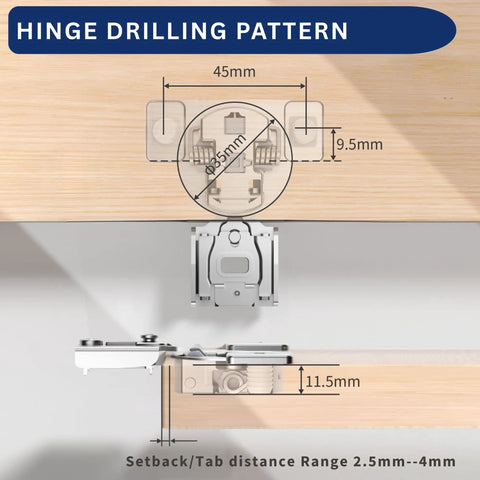 Hinge drilling pattern diagram for Heavy Duty Soft Close Cabinet Hinges 30 Pack Face Frame Half Inch Partial Overlay.