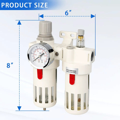 Half Inch NPT Compressed Air Filter Regulator Combo With 5 Micron Brass Filter, Semi Auto Drain, and 0 To 138 PSI Gauge dimensions