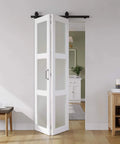 Frosted Glass Bifold Barn Door 36in x 84in With Hardware Kit And 40in Track Kit For Two Doors, installed in hallway