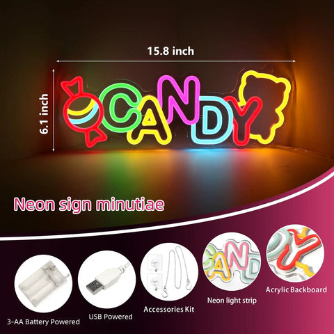 Colorful candy-themed neon sign with multicolor LED lights on acrylic backboard, showcasing USB and 3-AA battery power options.