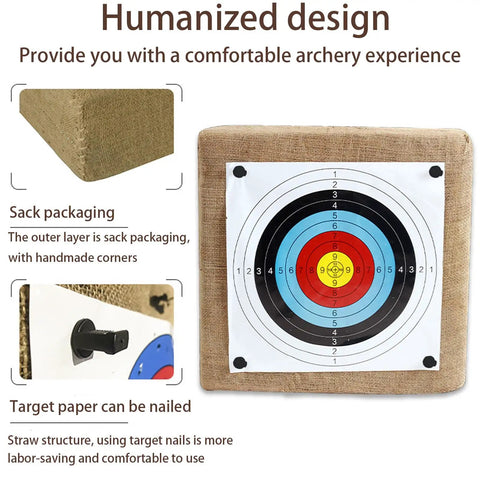 Backyard Archery Target Set Pro Grade with 20 paper targets, straw sack packaging, and nailing features visible