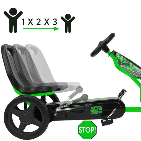 Adjustable seat on green Pedal Go Kart for Kids, Kid Friendly, With Realistic Driving Action and Immersive Ride Built for Safe Outdoor Fun Green Color Durable Steel Frame Easy Pedal Power Promotes Active Play and Coordination and Outdoor Adventure