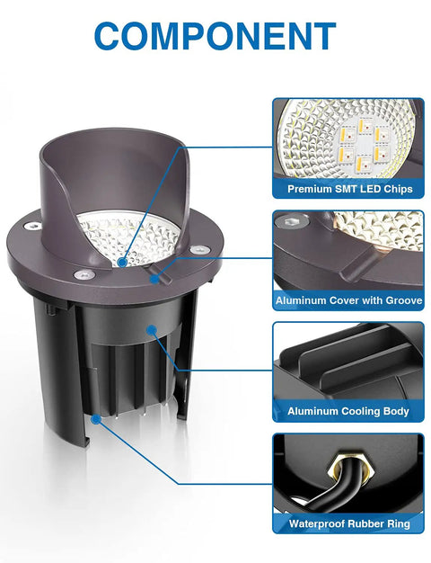 Eight Pack RGBW Low Voltage Landscape Well Lights 12W Waterproof showing LED chips, aluminum body, rubber ring