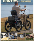 Beast Mode Full Suspension Folding Electric Tricycle For Adults, 1200W 48V 20Ah, Top Speed 20 Mph, 100 Mile Range, 20x3 Fat Tires, Reverse, Parking, Differential, white trike with premium seat, rear view