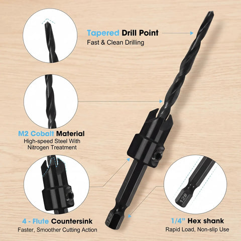 13 Piece Countersink Drill Bit Set With One Quarter Inch Hex Shank And Magnetic Extension Bit Holder For Woodworking, displayed with details on drill point, material, and shank size.