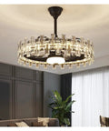 Slick Black Crystal Ceiling Fan Light With No Fuss Remote And Super Quiet Blades Built For Modern Living Rooms Or Bedrooms, overhead view.