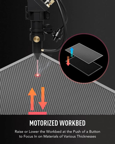 Close-up of motorized workbed in 60W CO2 Laser Engraver With LightBurn 28 By 20 Inch Engraving And Cutting Machine