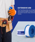 Premium PTFE Thread Seal Tape High Density Three Quarter Inch By 520 Inch For Pipes Shower Heads Faucets And Gas Lines No Drip Leakproof Plumbing Tape Water Seal And Tight Seal, shown in use by a plumber wearing gloves.