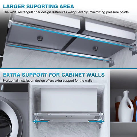 Under Sink Support Brackets 24 to 59 Inch Adjustable Undermount Sink Bars with dual bar design and weight support, silver.