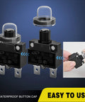 5 Pack 15 Amp Thermal Circuit Breaker With Easy Reset Switch For 125 Volt AC And 65 Volt DC Systems showing waterproof button cap and two breakers.