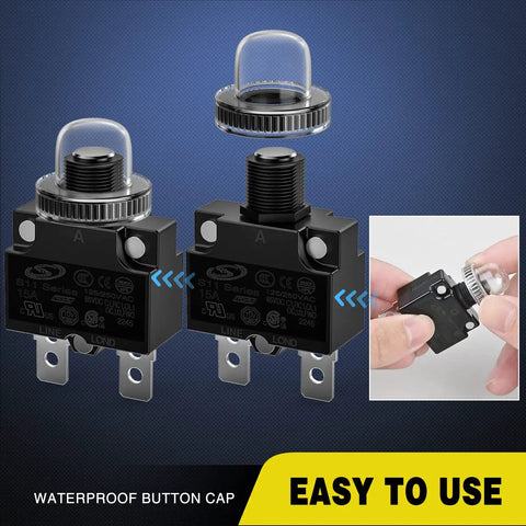5 Pack 15 Amp Thermal Circuit Breaker With Easy Reset Switch For 125 Volt AC And 65 Volt DC Systems showing waterproof button cap and two breakers.