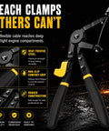 9 Piece Hose Clamp Pliers Set with reach clamp in black and yellow, showing flexible cable and non-slip grips.