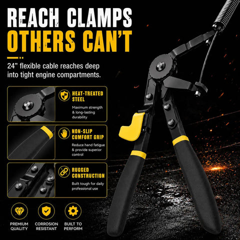 9 Piece Hose Clamp Pliers Set with reach clamp in black and yellow, showing flexible cable and non-slip grips.