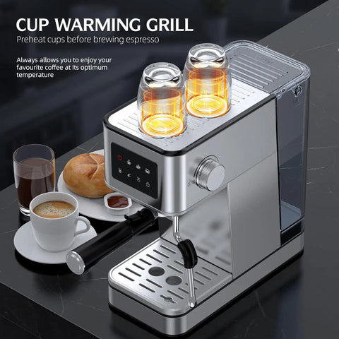 20 Bar Espresso Machine With Milk Frother For Home Coffee Bar Enthusiasts, Stainless Steel Build With One Touch Screen, Silver