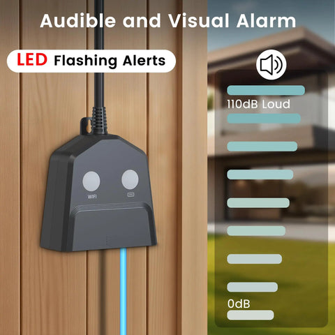Smart WiFi Sump Pump Alarm With Alarm Activated Outlet And Free App Alerts, No Hassle High And Low Water Level Notifications, Built In Backup Battery, 110dB Siren, 10ft Float Switch For Basements, Septic Tanks, Ponds And Water Tanks, LED alerts and 110dB sound