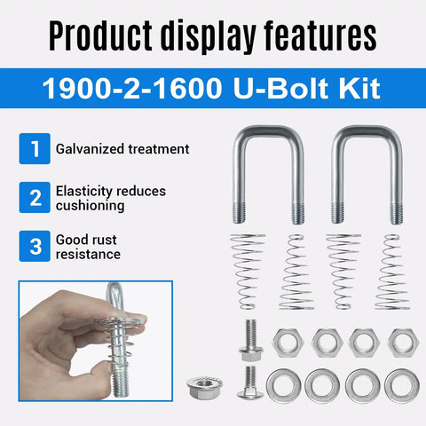 Replacement Safety Chain U-Bolt Kit For Gooseneck Hitches with galvanized U-bolts, springs, and nuts, shown with hand for scale.