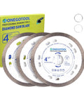 Ultra Thin Four And A Half Inch Tile Cutter Diamond Saw Blades Set For Angle Grinder Indestructible Disc For Cutting Porcelain Ceramic Granite Marble Three Pack With Smooth Clean Cuts And Long Lasting Durability, packaged view with three blades.