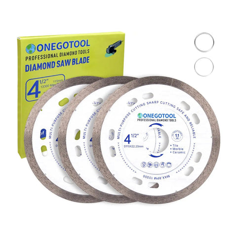 Ultra Thin Four And A Half Inch Tile Cutter Diamond Saw Blades Set For Angle Grinder Indestructible Disc For Cutting Porcelain Ceramic Granite Marble Three Pack With Smooth Clean Cuts And Long Lasting Durability, packaged view with three blades.