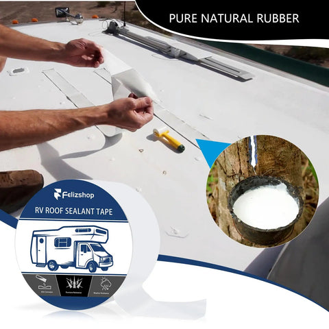 RV Roof Seal Tape White 4 Inch By 50 Feet Self Adhesive Butyl Roof Sealant for sealing camper roof seams, shown in use