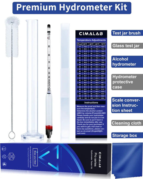 Hydrometer Alcohol Meter Kit 0 to 200 Proof and 0 to 100 Tralle With Test Jar Alcohol Proof Tester For Liquor Moonshine Spirits and Distilled Beverages Easy Home Proofing Tool For DIY Enthusiasts With Precise Readings And Quick Results. Kit with glass test jar, alcohol hydrometer, brush, cloth, case