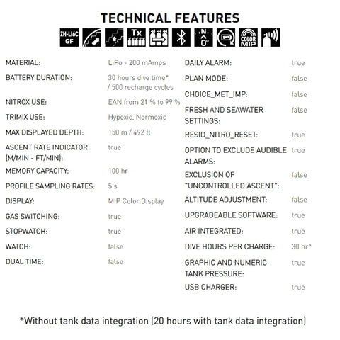Technical features of Quad Ci Wrist Dive Computer With Customizable ZH-L16C Algorithm for divers