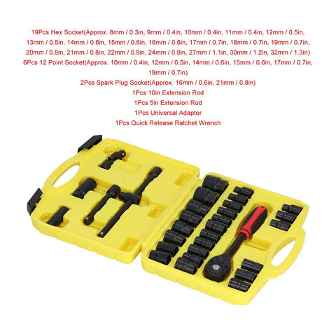Heavy Duty Socket Set With One Half Inch Ratchet Drive And Eight To Thirty Two Millimeter Sockets in yellow case open view