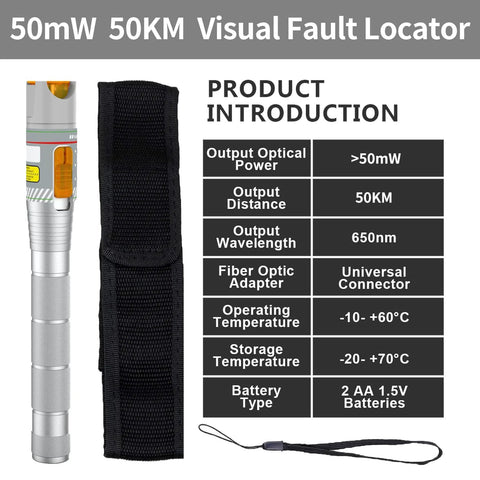 Front view: silver fiber optic visual fault locator pen with orange switch and black pouch; FC/LC adapter kit