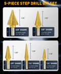 Titanium Coated Step Drill Bit Set Five Piece With Automatic Center Punch Short Length Double Cutting Blades High Speed Steel Covers 50 Sizes Includes Aluminum Case For Easy Transport And Heavy Duty Metal Drilling, featuring 5-step bits with size annotations.