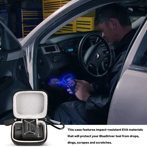 Mini Carry Case For Bluetooth Pro OBDII OBD2 Scan Tool Monitor with open grey interior shown in a car setting