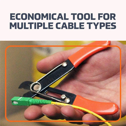 Person using Adjustable Wire Stripper Tool PA1161 for 30-10 AWG solid and stranded wire, showing orange handles and metal blades.