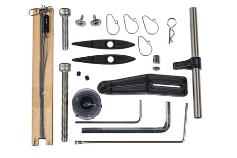 Eclipse 650 Ready to Boat RC Sailboat rigging components with screws, hooks, and tools displayed on a white background.