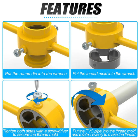 PVC Pipe Threader Kit With NPT Die Set Includes One Half Inch, Three Quarter Inch, And One Inch Dies For Plumbing, assembly guide