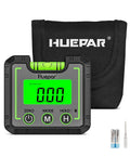 Heavy Duty Digital Angle Level And Inclinometer With Rock Solid Magnet Base And Bright Lcd Screen displayed with batteries and carrying case.