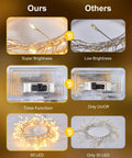 Comparison of battery powered fairy lights: ours with super brightness and 60 warm white LEDs vs others with low brightness and 30 LEDs.