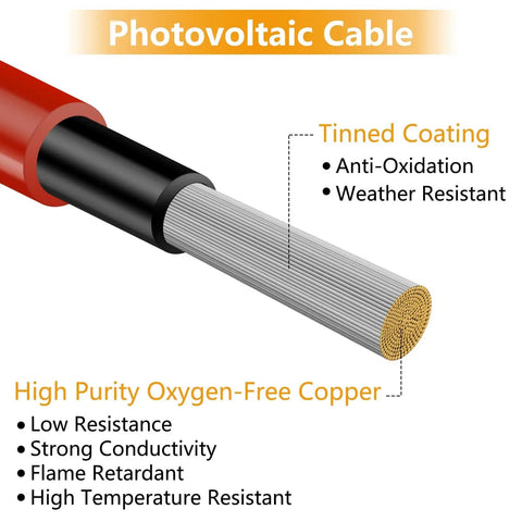 Beefy 15ft Black And Red 10AWG 6mm2 Solar Panel Extension Cable Set Of 2 Tinned Copper Wire with Anti-Oxidation Coating
