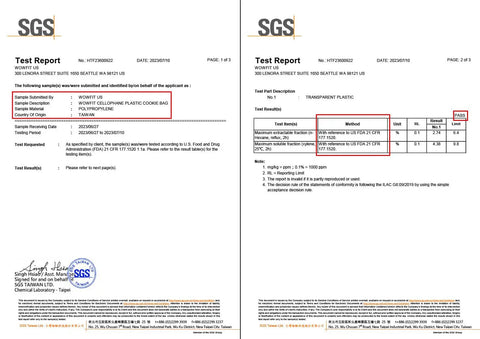 SGS test report for Clear Bottom Gusset Cellophane Gift Bags 10x14 Inches, 50 Count With 6 Inch Gold Twist Ties, food safety compliance.