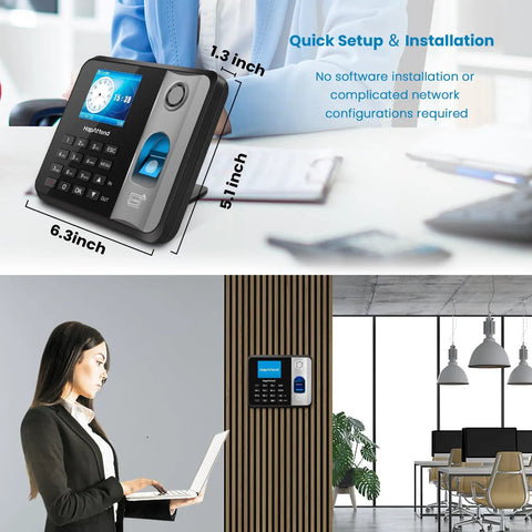 Real Deal Offline Time Clock For Small Business Crews Effortless Hours Tracking And Quick Usb Exports on a desk with dimensions 6.3x5.1 inches.