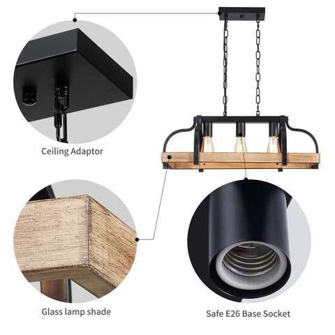 Three Light Metal Pot Hanging Chandelier With Wood Grain Finish Dope Rustic Farmhouse Ceiling Pendant For Kitchen Island details